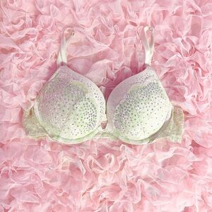 Victoria’s Secret Dream Angels push up white/green lace rhinestone bra